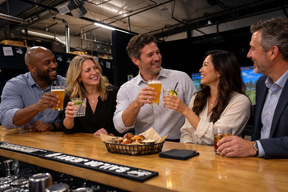 Coworkers raising a toast at the Hitters bar