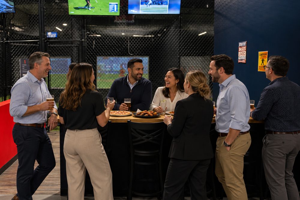 Colleagues at a high-top table by the batting cages at Hitters